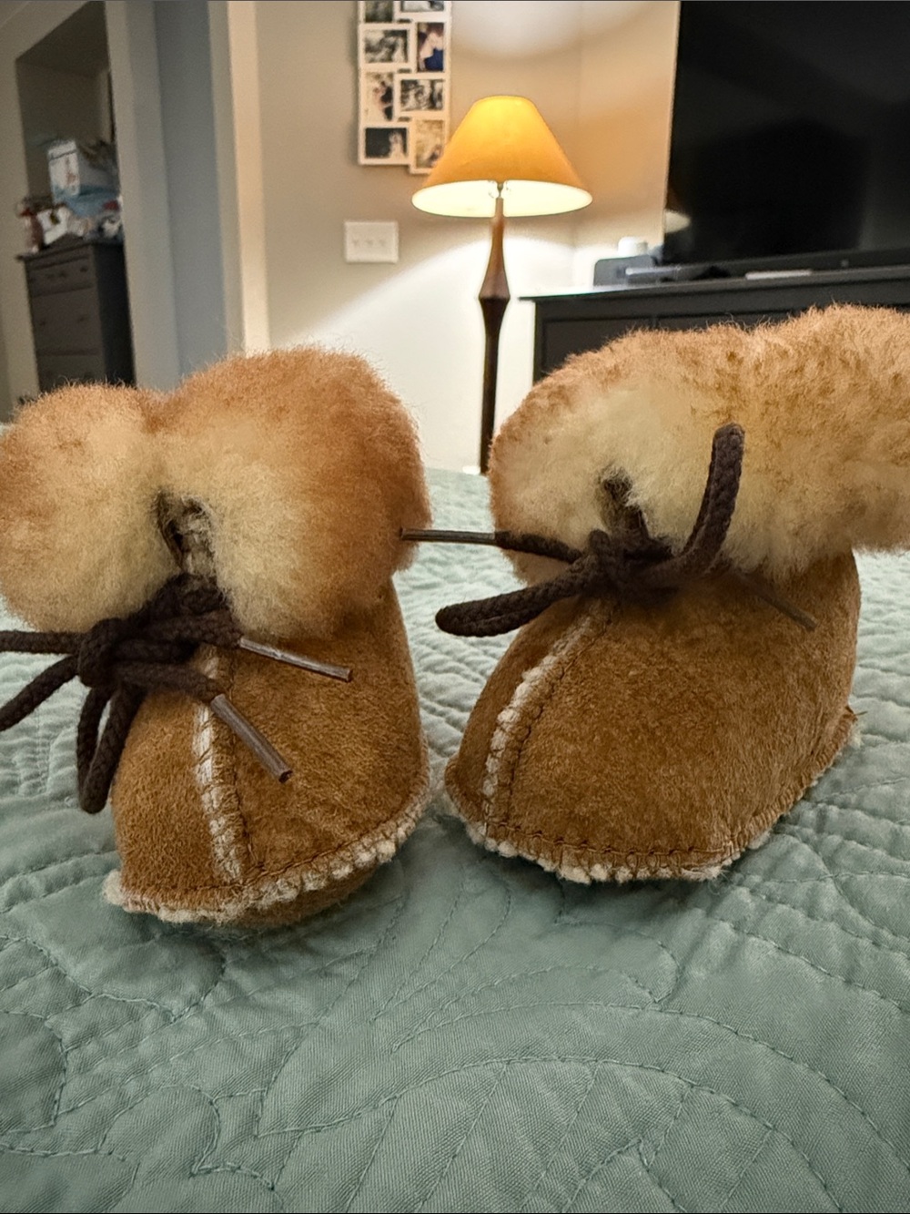 Minnetonka Tan Faux-Shearling Moccasin Slippers for babies